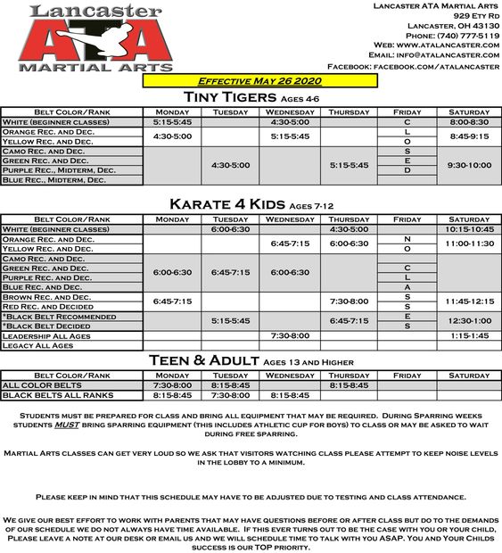Class Schedule Lancaster ATA Martial Arts Lancaster ATA Martial Arts